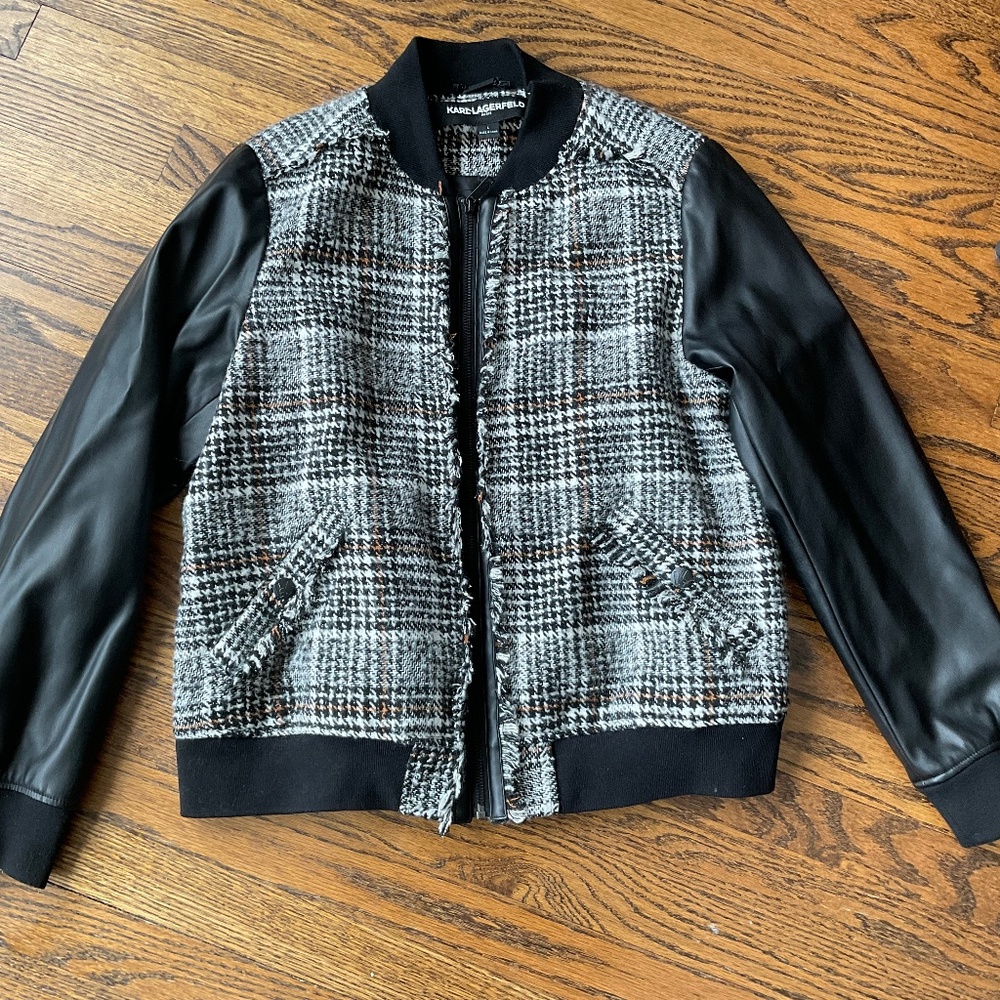 Women’s Karl Lagerfeld black faux leather/tweed jacket size L